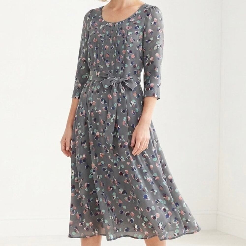 BODEN | Abstract Dot Print Midi Dress Grey Multi Print White Pink Green | Size 4